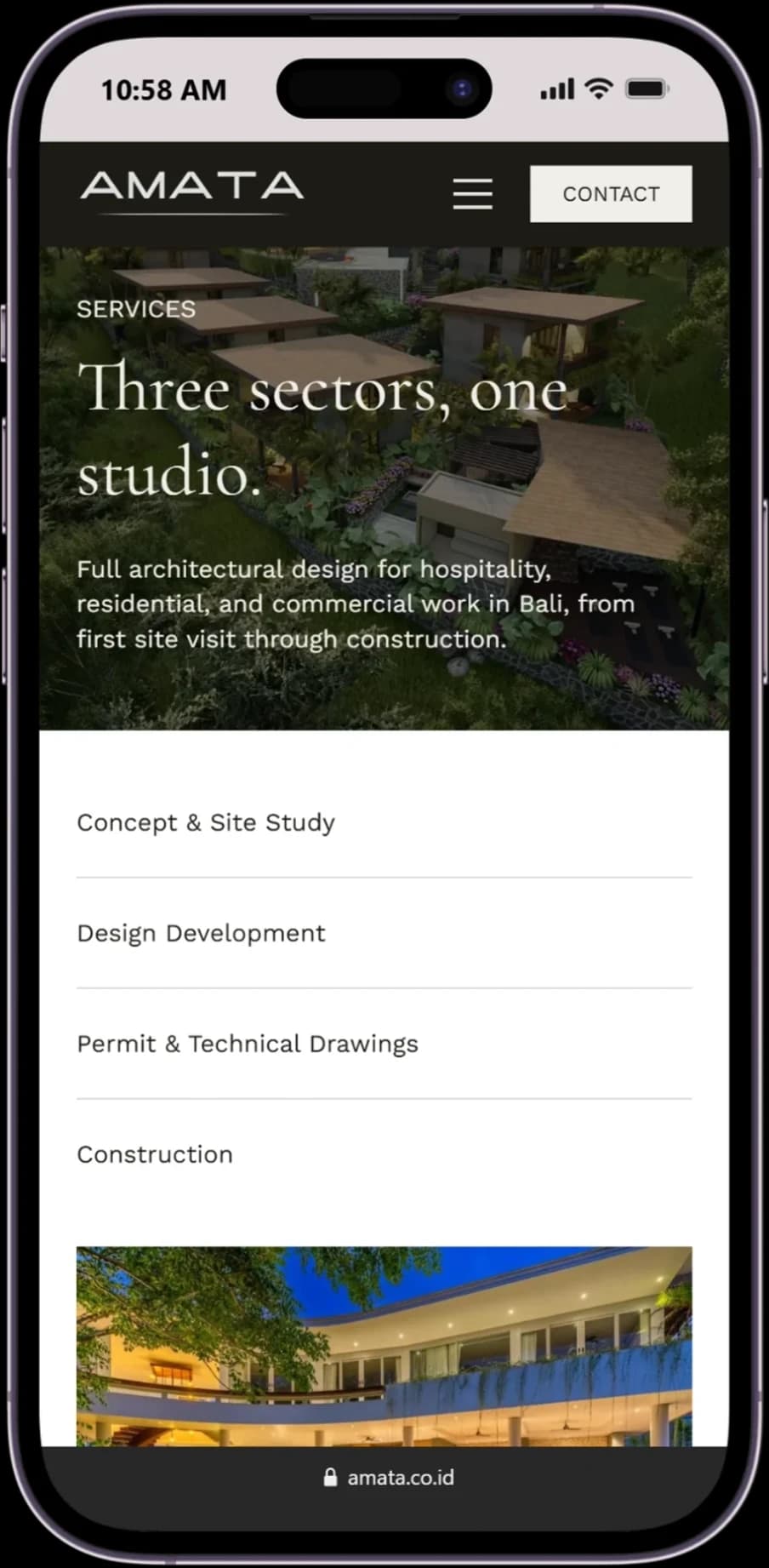Responsive Services page of the Amata Architect website displayed on a mobile device.