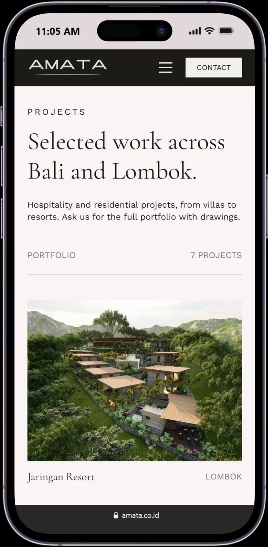 Responsive Projects page of the Amata Architect website displayed on a mobile device.