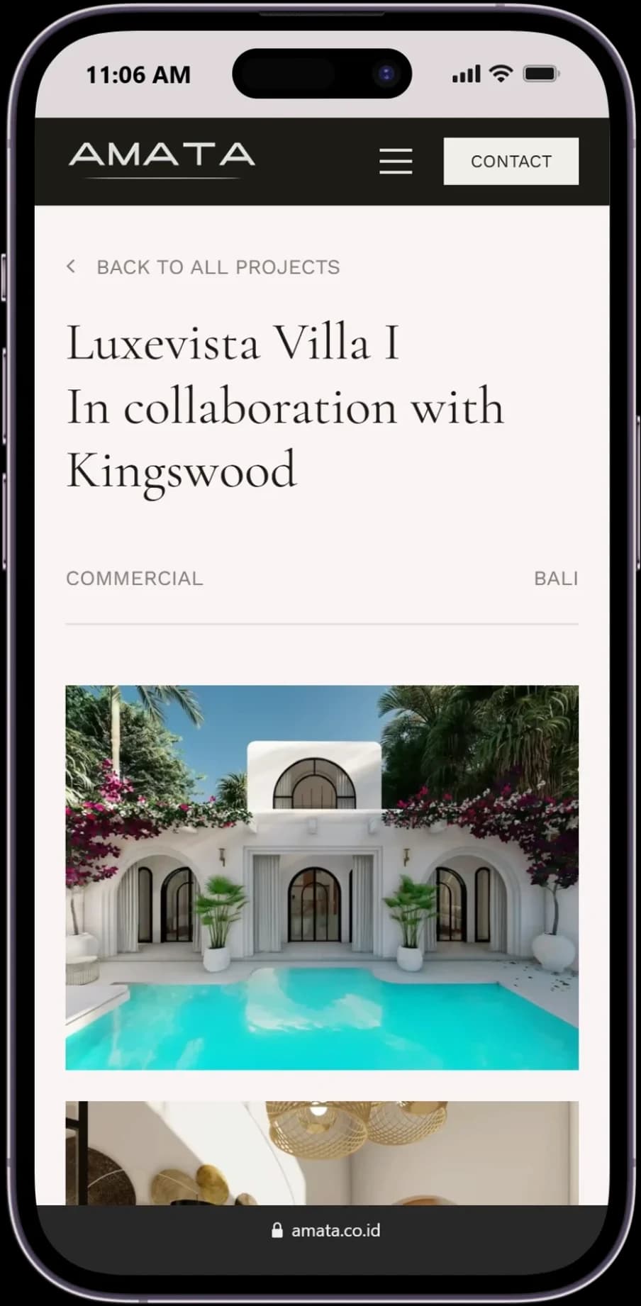 Responsive project detail page of the Amata Architect website displayed on a mobile device.