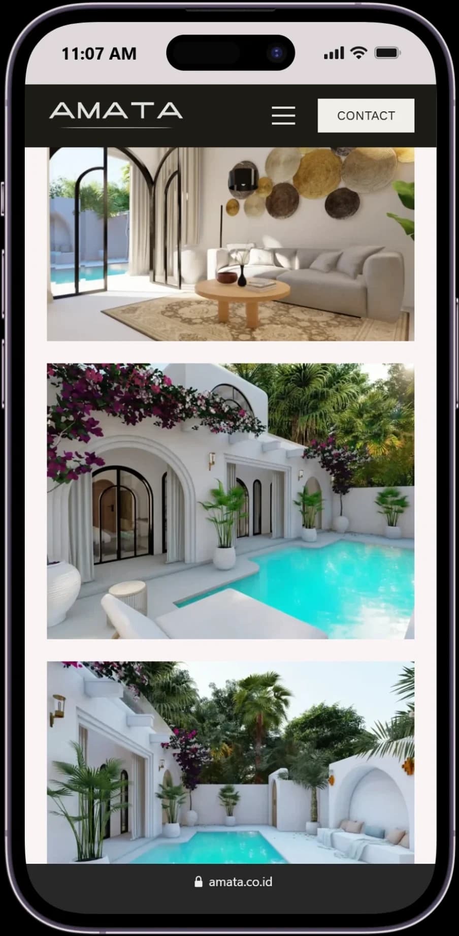 Responsive project gallery of the Amata Architect website displayed on a mobile device.