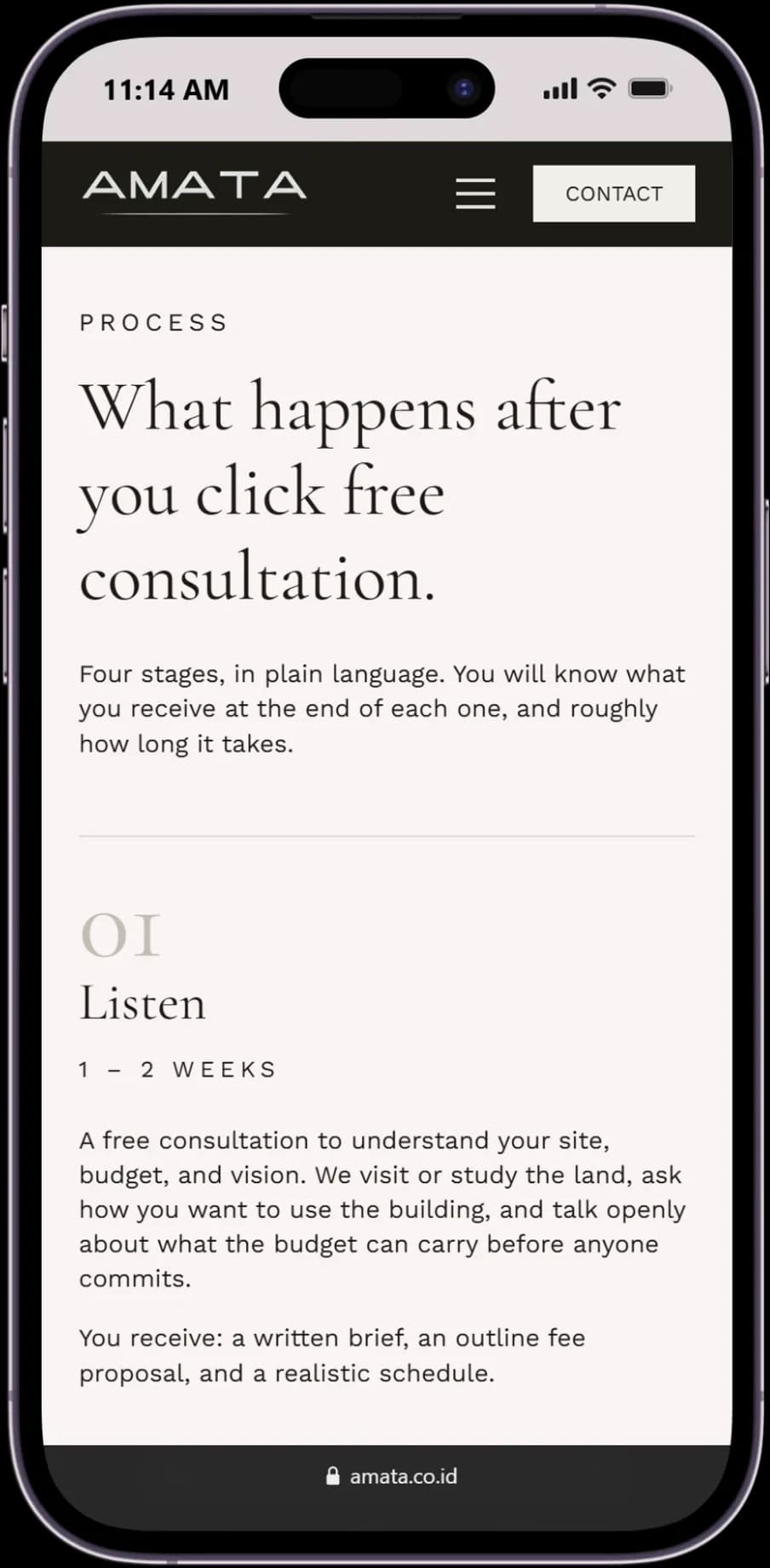 Responsive Process section of the Amata Architect website displayed on a mobile device.